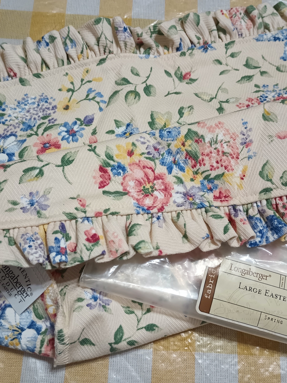 Longaberger Cream Panel with Pink, Blue, Yellow & Green Floral Ruffle